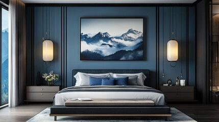A peaceful and stylish bedroom setup with mountain art, promoting financial stability