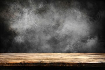Rustic wood table, smoky backdrop, studio, product display