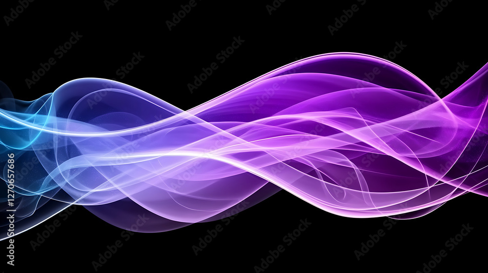 Poster fluid abstract design with wavy gradient lines in purple blue and white on black background texture