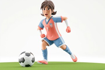 Obraz premium Girl, aged seven, plays soccer wearing a vibrant sports uniform. Her competitive expression reflects dedication and sportsmanship as she engages with the ball on a plain white background