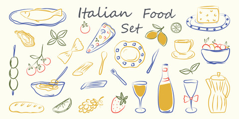 Hand drawn italian food set in chalk crayon style. Doodle sketch dish with pizza, cheese, pasta, olives, oyster, italy ingredients. Charcoal collection of dinners for menu, wedding. Vector illustratio