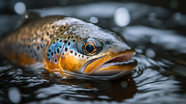 Brown trout with spotted pattern emerging from dark water, displaying vibrant orange markings and detailed scales. Underwater wildlife photography of freshwater fish