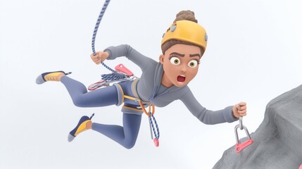 A determined woman in her 40s is captured in a challenging rock climbing pose, equipped with climbing gear, against a stark white background, showcasing her passion for fitness