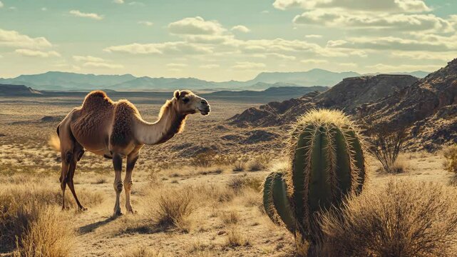 A lone camel wandering through a dry desert landscape, surrounded by cacti and rugged terrain