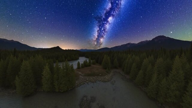 Milky way arc over mountain river in the middle of the forest on a long exposure - 360 loop video