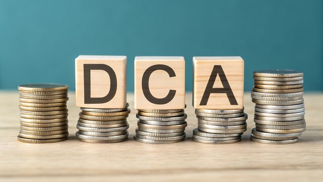 Dollar Cost Averaging (DCA): Smart Investment Strategy. Wooden cube with 'DCA' on coins symbolizes consistent monthly or quarterly savings for financial growth 