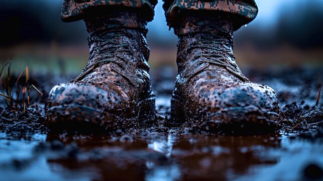 Detail-rich close-up showcasing muddy camouflage boots immersed in wet terrain during outdoor military training session