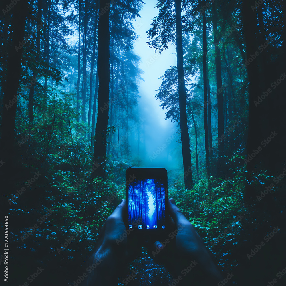 Poster forest perspective through device display connecting reality and digital realm in nature scene