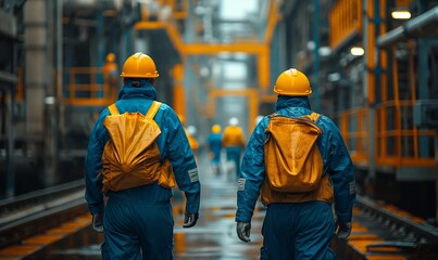 Workers in helmets walk along the territory of the enterprise, rear view.