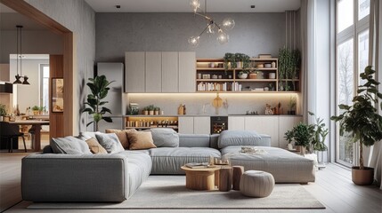 A Scandinavian-inspired living space with a soft gray sofa and a stylish display cabinet