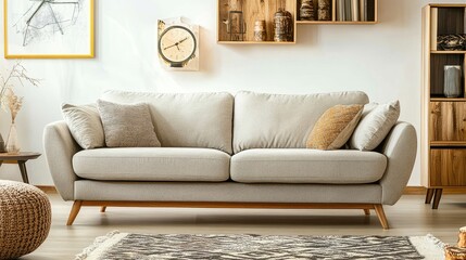 A Scandinavian-inspired living space with a soft gray sofa and a stylish display cabinet