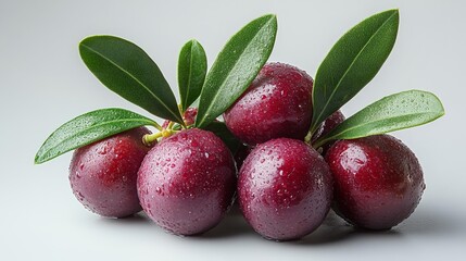 Fresh and Juicy Red Olives with Leaves on White Background. Generative AI