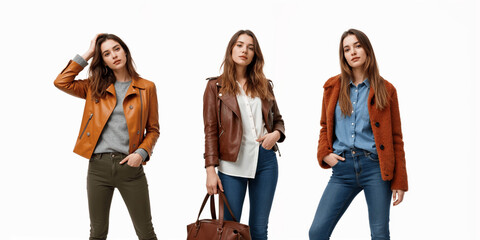 Autumn Fashion Three Women Model Leather Jackets, Coats, and Jeans