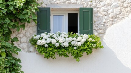 White flowers in window box on stone wall