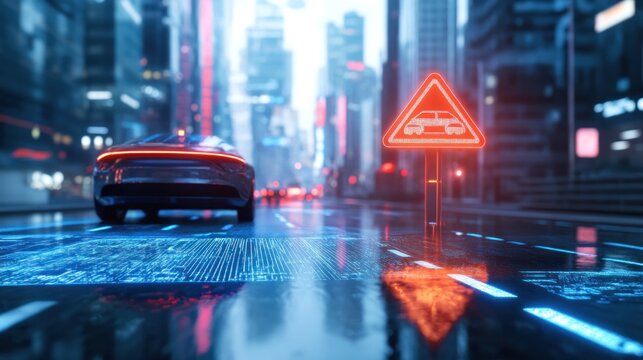 Futuristic city street with self-driving car and digital road markings.