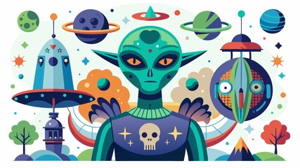 Naklejka premium This image showcases a collection of space aliens, emphasizing their unique designs, otherworldly features, and the imaginative creativity often associated with science fiction character design, prov