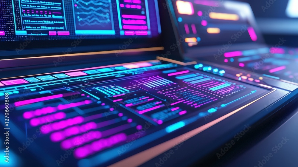 Poster a futuristic interface with vibrant neon colors, displaying data visualizations and digital informat