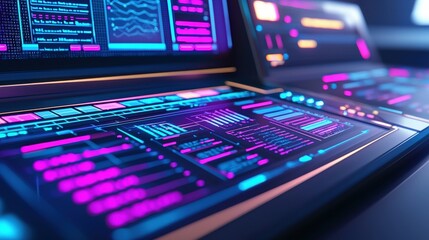 A futuristic interface with vibrant neon colors, displaying data visualizations and digital information on screens.