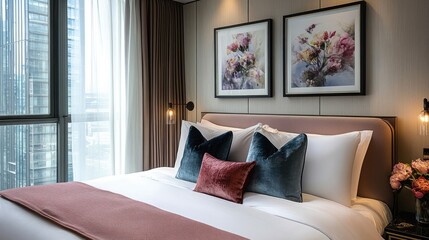 A stylish bedroom featuring pink and blue accent pillows, blending warmth and intelligence