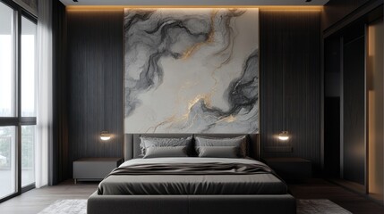 A stylish bedroom with a large nature canvas above the bed, symbolizing peace and prosperity