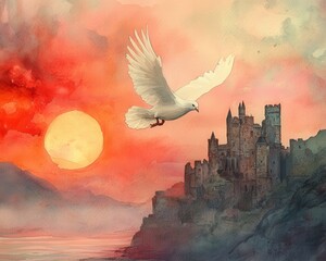 Obraz premium White Dove Soaring Above Medieval Castle at Sunset Watercolor Painting