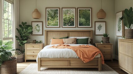 Fototapeta premium A stylish bedroom with framed nature paintings above the bed, creating a peaceful and prosperous ambiance