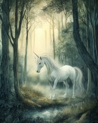 White Unicorn in a Mystical Forest Soft Light and Calm Atmosphere