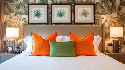 A stylish bedroom with framed nature paintings above the bed, creating a peaceful and prosperous ambiance