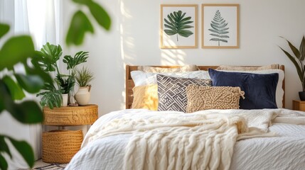 A stylish bedroom with soft bedding and framed artwork of flowing water, symbolizing prosperity