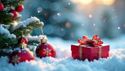 Icy snowflakes settle around Christmas branches with red gift boxes, gift wrapping, winter scenery, seasonal decorations