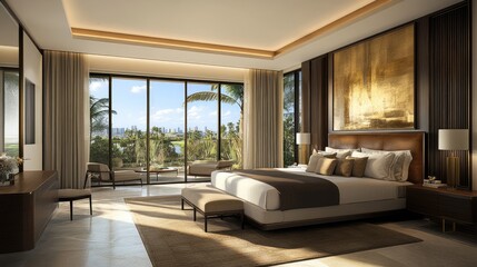 A stylish master bedroom featuring abstract gold art, representing fortune and success