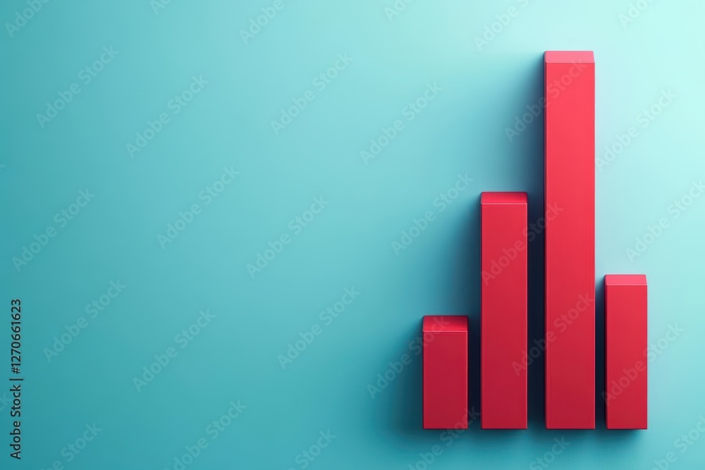 Poster vibrant red bar chart displayed on a bright blue background representing data visualization and anal