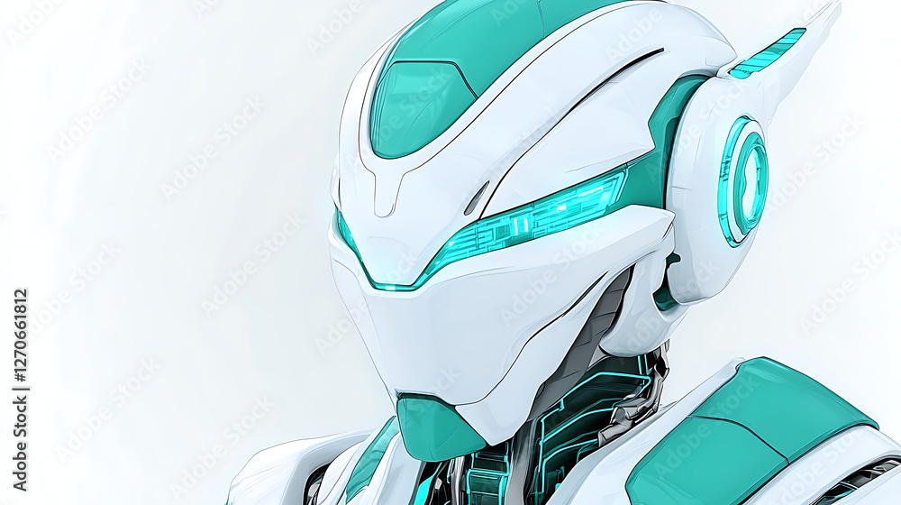 Poster futuristic android character with white and teal design digital art visual composition