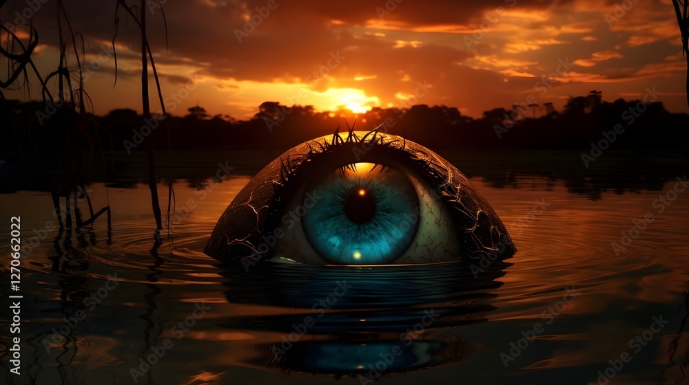 Poster stunning sunset landscape reflected in the captivating iris of an eye creating a dreamlike and intro