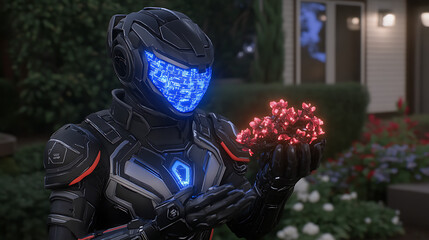 Futuristic Android Holding Red Flowers in Garden