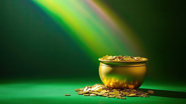 Golden pot overflowing with coins, illuminated by vibrant rainbo