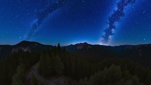 Milky way arc over mountain river in the middle of the forest on a long exposure - 360 loop video