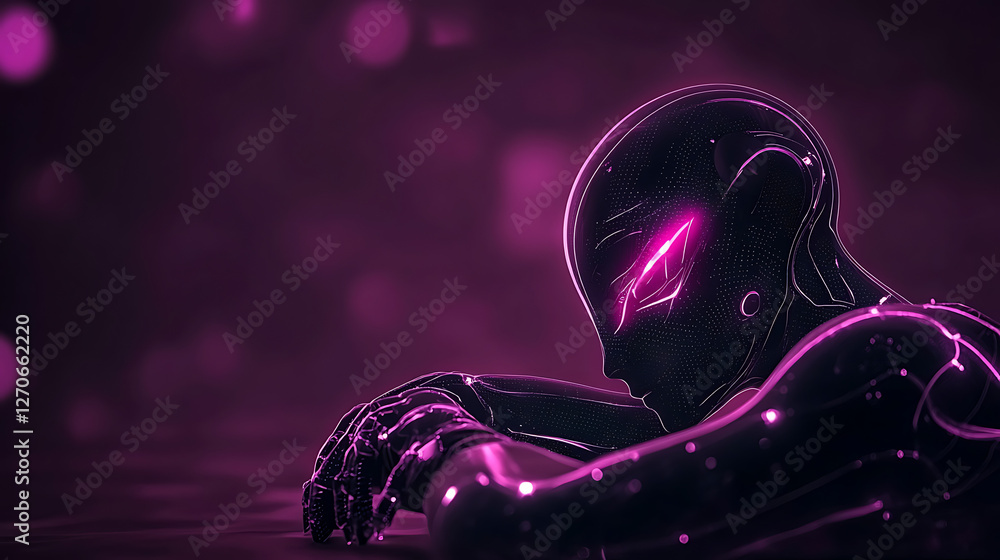 Poster futuristic android robot resting in thought deeply reflective purple hues and advanced cybernetics
