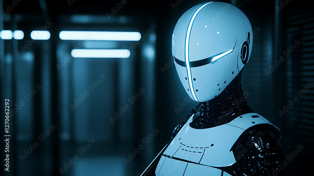 Poster futuristic android sentinel in neon lit corridor a glimpse into technological evolution and design