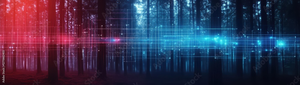Poster enchanting forest scene illuminated by red and blue light filtering through trees creating a mysteri