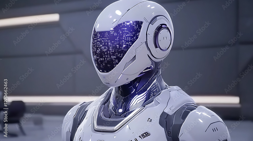 Poster futuristic android visual display white armored form technology and artificial intelligence concept 