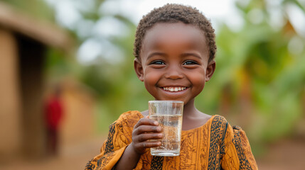 Young child stands outdoors, beaming with a bright smile while holding a glass of clean water. Copy space