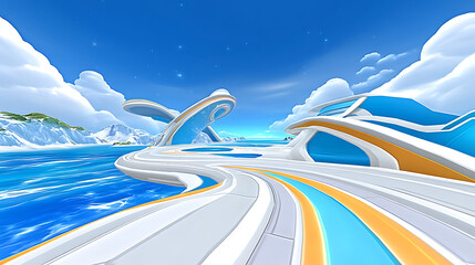 Obraz premium Futuristic Arctic Highway Over Water Under Cloudy Blue Sky With Mountains In The Distance Fantasy