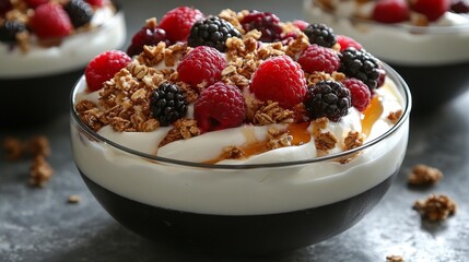 Delicious Yogurt Parfait with Berries and Granola in a Glass Bowl. Generative AI