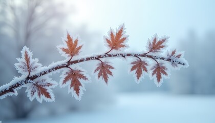 Frost-covered branch in winter style in white and brown representing seasonal beauty