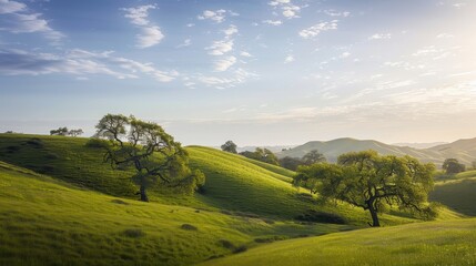 Serene landscape with green hills and trees under morning sky