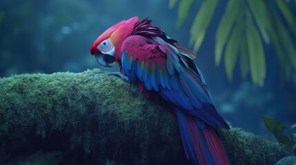 Fototapeta premium Vibrant Scarlet Macaw Perched on Lush Green Mossy Branch