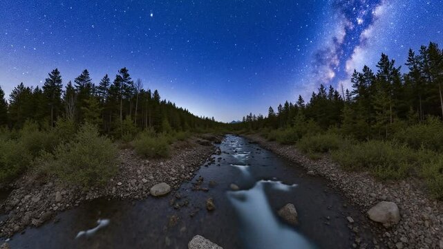 Milky way arc over mountain river in the middle of the forest on a long exposure - 360 loop video