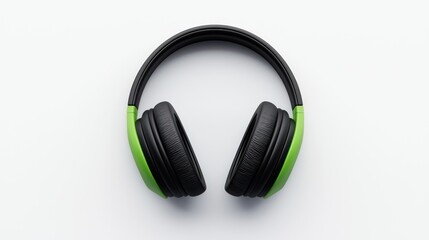 Listening in Style: An overhead shot of sleek, modern headphones, their vibrant green accents. showcasing the ultimate audio experience