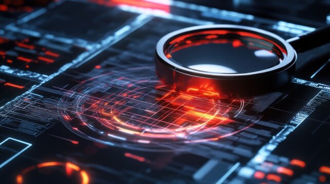 Abstract digital interface with magnifying glass focused on a data point.